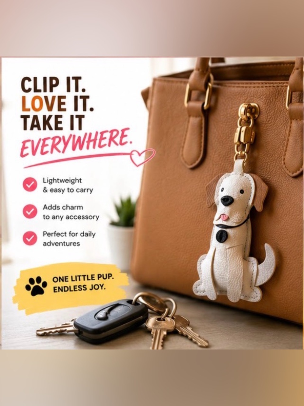 Cream & Brown Dog-Shaped Leather key chain bag charm NWT